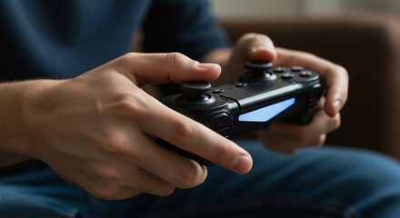 A person using a modern video game controller while wearing a virtual reality headset.Concept of virtual reality and immersive gaming.