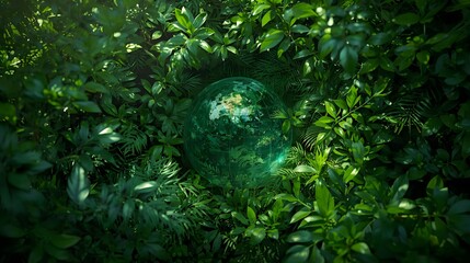 A lush green jungle with a transparent globe symbolizing environmental harmony and sunlight filtering through the dense foliage.