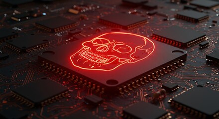 Glowing skull symbol on computer chip representing cyber security threat