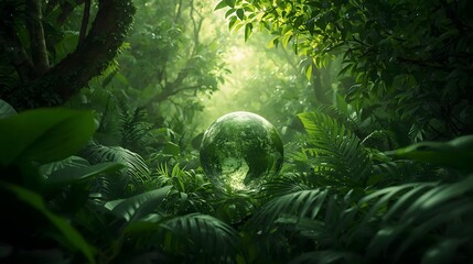 A lush green jungle with a transparent globe symbolizing environmental harmony and sunlight filtering through the dense foliage.
