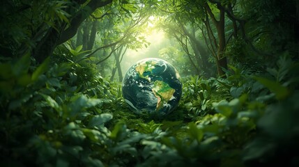 A lush green jungle with a transparent globe symbolizing environmental harmony and sunlight filtering through the dense foliage.