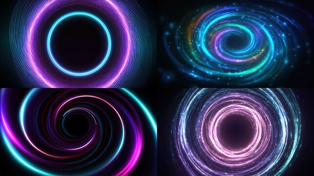 Neon spirals and circles glow in the dark. Vivid colors create dynamic patterns
