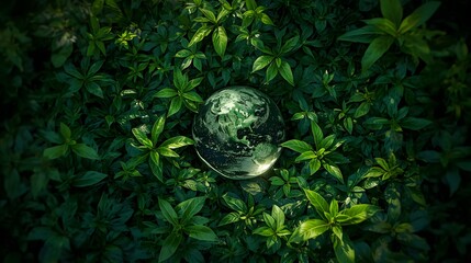 A lush green jungle with a transparent globe symbolizing environmental harmony and sunlight filtering through the dense foliage.