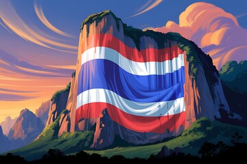 Majestic Mountain draped with Thai Flag under Dramatic Sunset Sky Thailand rock