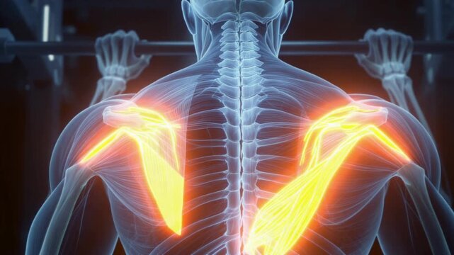 Human back muscles highlighted during pull-up exercise anatomy view