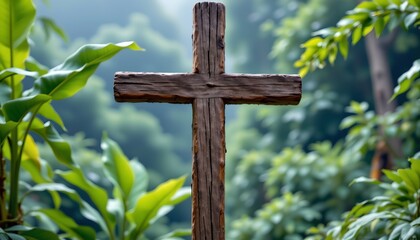 A close up view of a wooden cross against a backdrop of lush greenery that suggests a forest setting