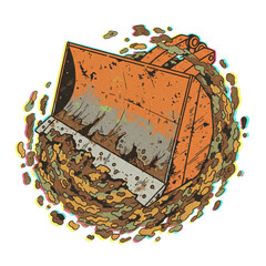 Vector art of a powerful bulldozer scoop digging into earth. Stylized construction machinery graphic with a colorful chromatic aberration effect