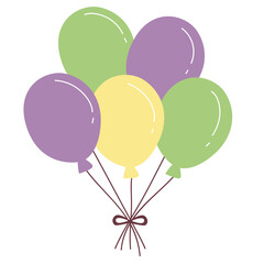 Naklejka premium Colorful balloon bouquet in purple, green, and yellow with bow, ideal for baby showers, birthdays, or joyful celebrations. 