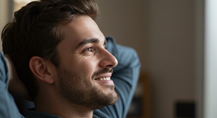Obraz premium A man with a relaxed expression smiles, symbolizing a feeling of satisfaction and well-beingConcept of success and professional fulfillment