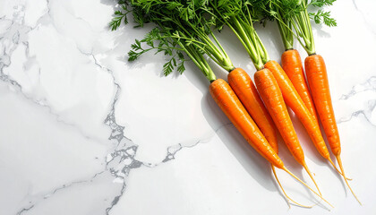 Fresh carrots with greens placed on a white marble surface, photographed in bright minimalist spring harvest style