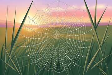 Spider web with dew drops against a soft sunset sky and blurred green grass water droplets silk