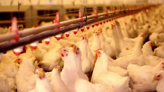 close-up chicken bird farm feeding and drinking agriculture poultry hallway modern poultry farm. Lots of chickens in hangar