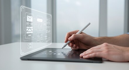 Hands using a stylus on a digital tablet with a futuristic interface, for creative design work.Concept of future technology and digital design.