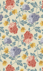 Abstract solid vector textile design, arrangement with three-tone chrysanthemum flower, all-over seamless pattern with gray, orange, and yellow tone color illustration, digital image printing factory
