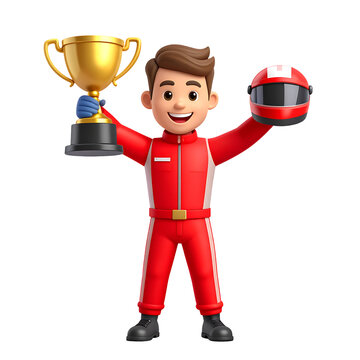3D cartoon race car driver character holding a golden trophy and a red helmet, celebrating victory on a white background.
