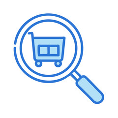 Blue magnifying glass icon finding a shopping cart symbol