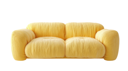 Two-seater, mustard yellow couch with plush, sculpted cushions
