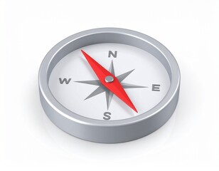 A modern silver compass 3d with a red needle pointing north, symbolizing guidance, direction, and strategic business navigation on a white background