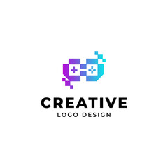 gaming logo with game controller icon and tech glasses in flat design style