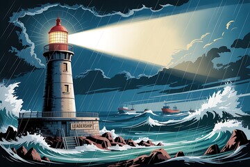 Lighthouse guiding ships through a stormy sea with rain and waves ocean