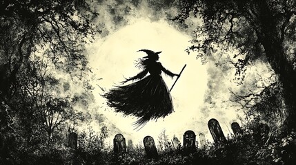 A spooky Halloween scene, witch with tattered robes flying on a broomstick, silhouetted by a full glowing moon, foggy graveyard below with crooked gravestones, black cats peeking through the mist,