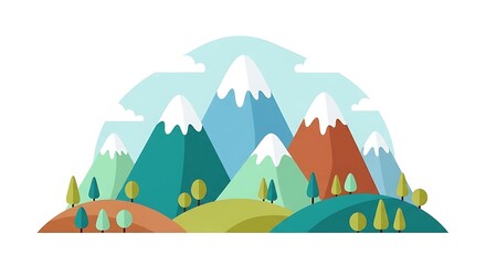 Colorful Mountain Landscape Illustration with Trees and Clouds