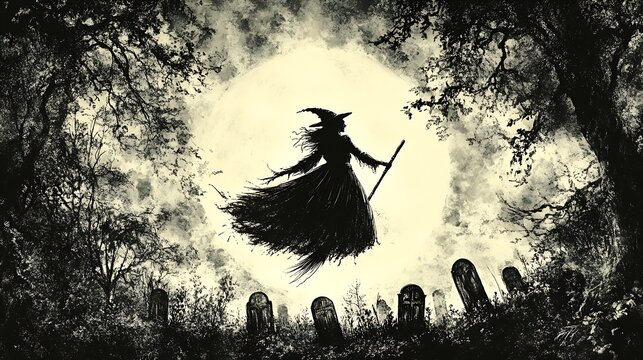 A spooky Halloween scene, witch with tattered robes flying on a broomstick, silhouetted by a full glowing moon, foggy graveyard below with crooked gravestones, black cats peeking through the mist,