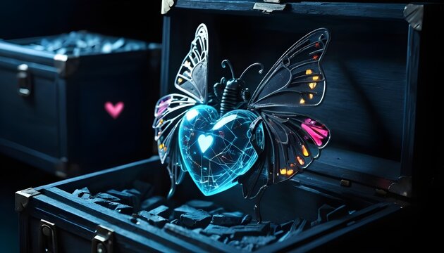 Macro close-up of broken android with glowing holographic heart releasing neon butterflies into cinematic sci-fi sky