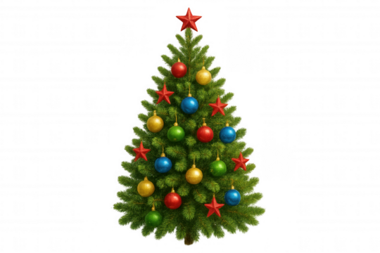 Christmas tree decorating holiday celebration with colorful ornaments and a red star on transparent background - Powered by Adobe