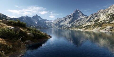 Fototapeta premium Majestic mountain reflection serene lake hdr panorama nature landscape view