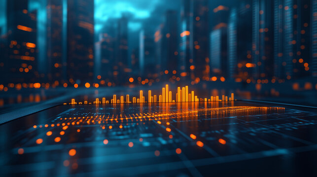 A digital tablet, charts, and graphs with a team meeting of analysts reviewing data
