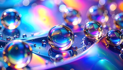 Iridescent spheres rest on a vibrant, wavy surface, reflecting colorful light