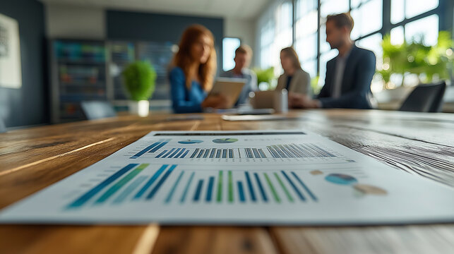 A digital tablet, charts, and graphs with a team meeting of analysts reviewing data