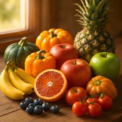 Fresh, healthy fruits and vegetables like apple, orange, banana, grape, tomato, kiwi, lemon, and pineapple are shown isolated on white