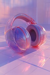 Pink, translucent headphones on a pastel-toned surface