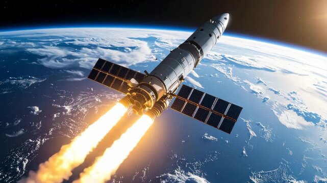 Futuristic space shuttle launching from Earth orbit, engines firing with golden flames and smoke, solar panels extended, blue planet below