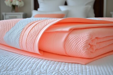 Peach and white quilted bedding on a bed