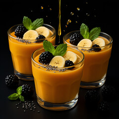 A refreshing strawberry and blueberry smoothie with yogurt and fresh milk in a glass is a healthy sweet breakfast drink