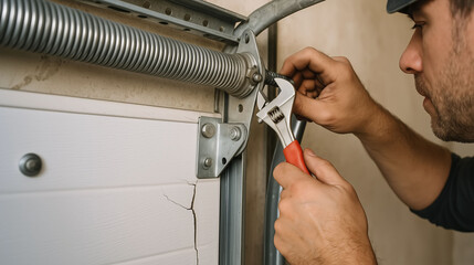 technician repairing garage door spring with wrench tool in maintenance service workshop ensuring mechanical adjustment and safety repair process in residential garage setting