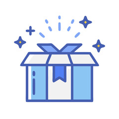 Open gift box illustration with stars on black background