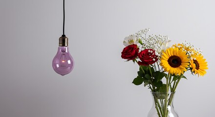 Floral arrangement beside a purple light bulb on a neutral backdrop
