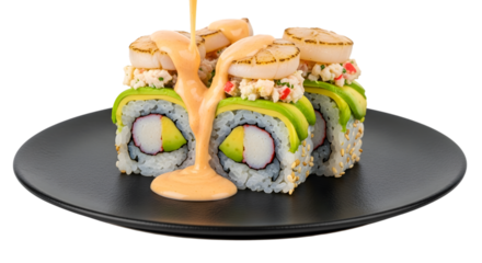 Delicious sushi roll with avocado, crab, shrimp, and sauce, isolated on transparent background