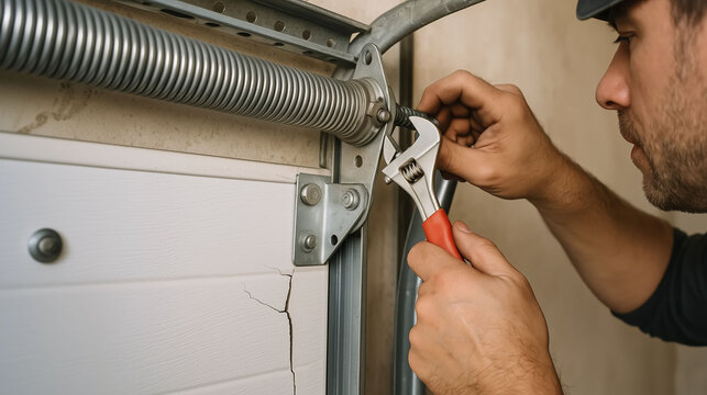 technician repairing garage door spring with wrench tool in maintenance service workshop ensuring mechanical adjustment and safety repair process in residential garage setting - Powered by Adobe