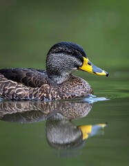 Duck on water, mirrored reflection