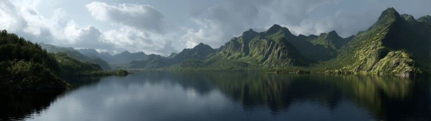 Fototapeta premium Serene nature landscape panorama mountainous lake hdr environment tranquil view