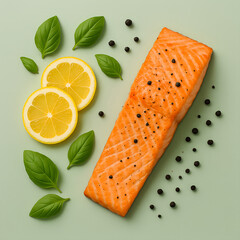 Fresh salmon steak with lemon and parsley on a white plate is a healthy diet meal of fish and fruit