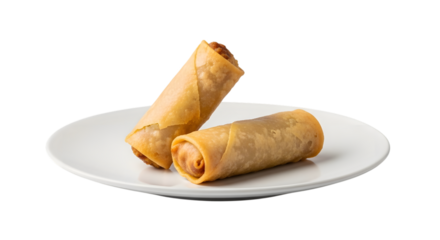 Two golden brown fried egg rolls isolated on transparent background