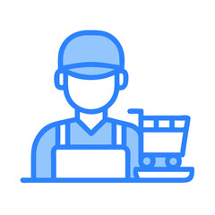 Stylized graphic of delivery worker with shopping cart icon