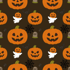 Cute seamless Halloween pattern featuring jack-o-lantern pumpkins, friendly ghosts, spider webs, bats, and gravestones on a dark brown background.