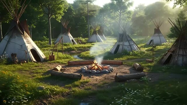 Woodland Village with Tipis and Campfire